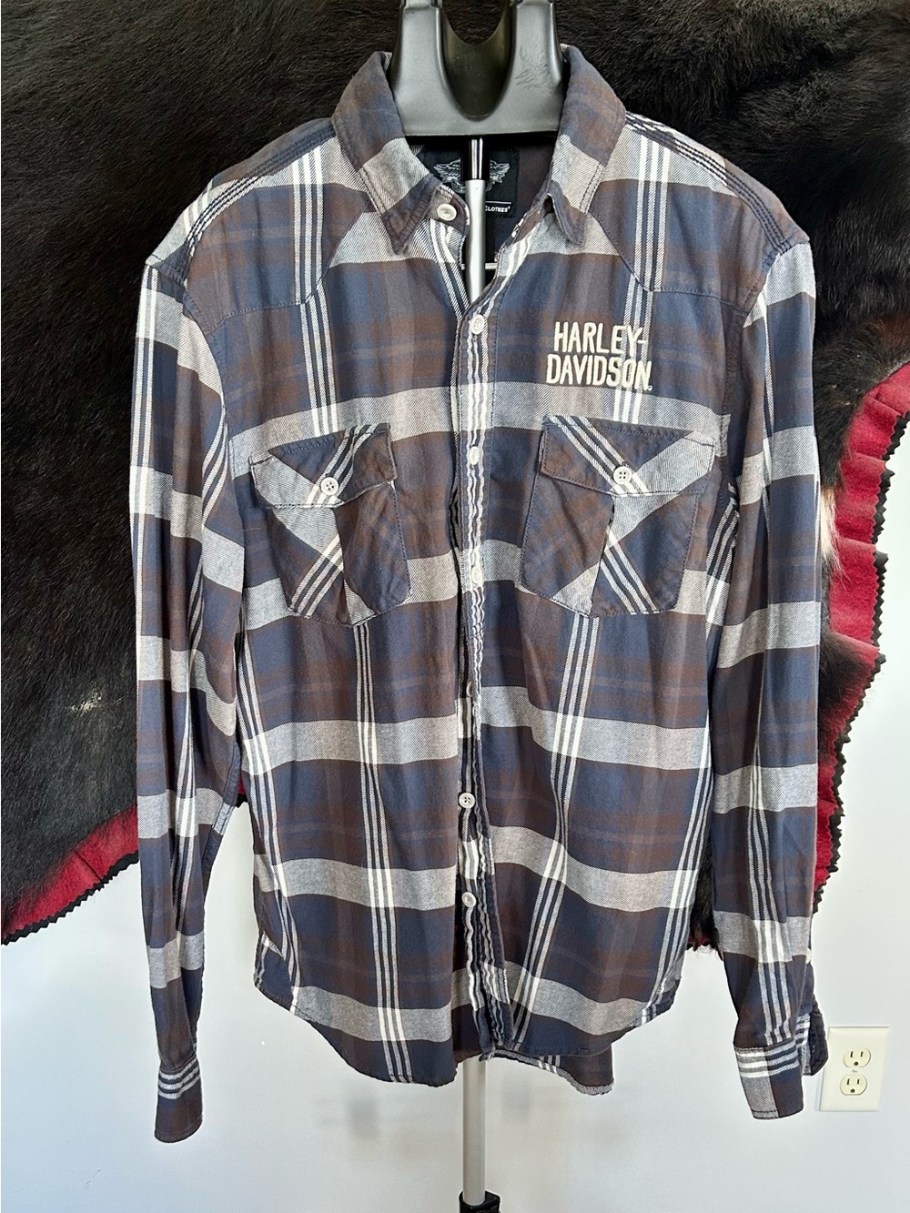 Harley-Davidson Men's Three Needle Stick Navy & Brown Plaid Button-Up Shirt Sz L